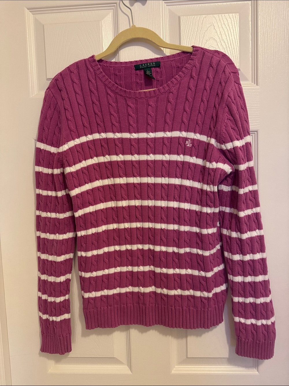 Ralph Lauren Cable-Knit Crew Sweater in Raspberry and White